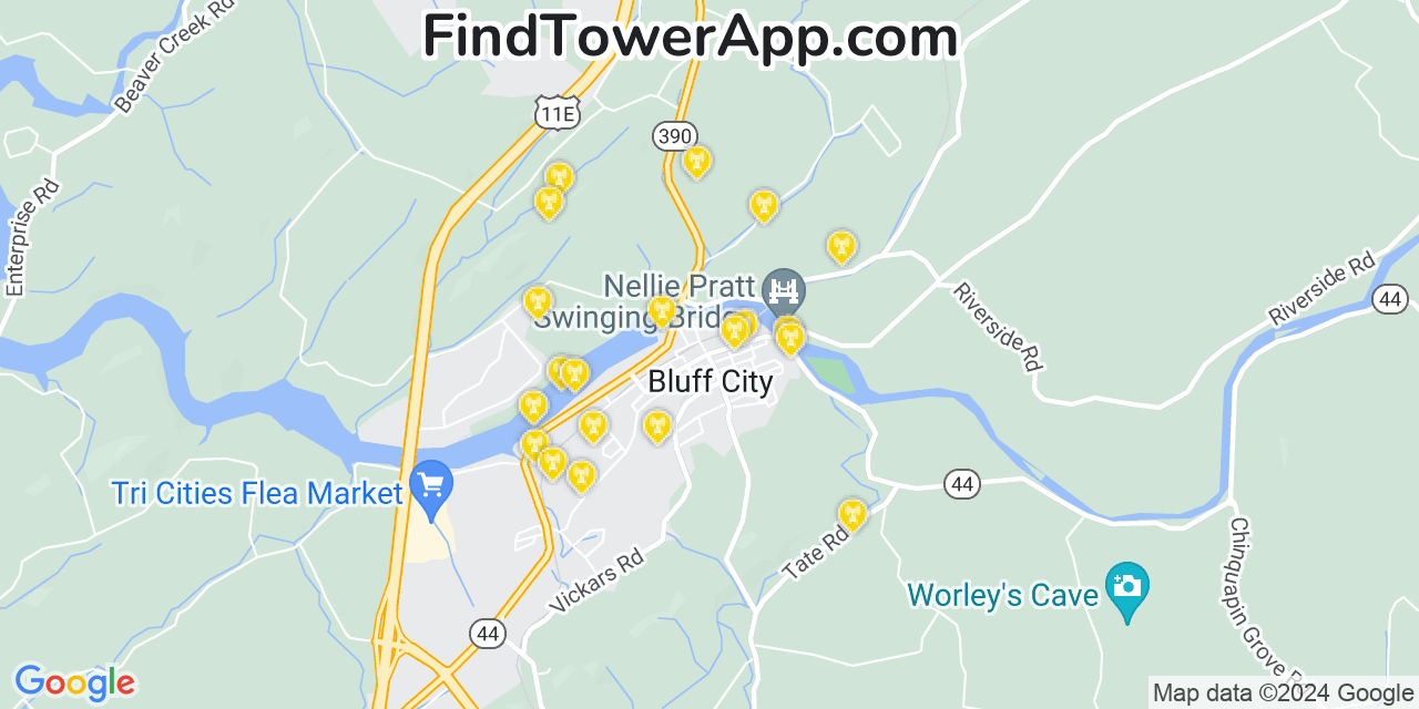 AT&T 4G/5G cell tower coverage map Bluff City, Tennessee