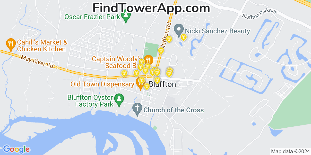 AT&T 4G/5G cell tower coverage map Bluffton, South Carolina
