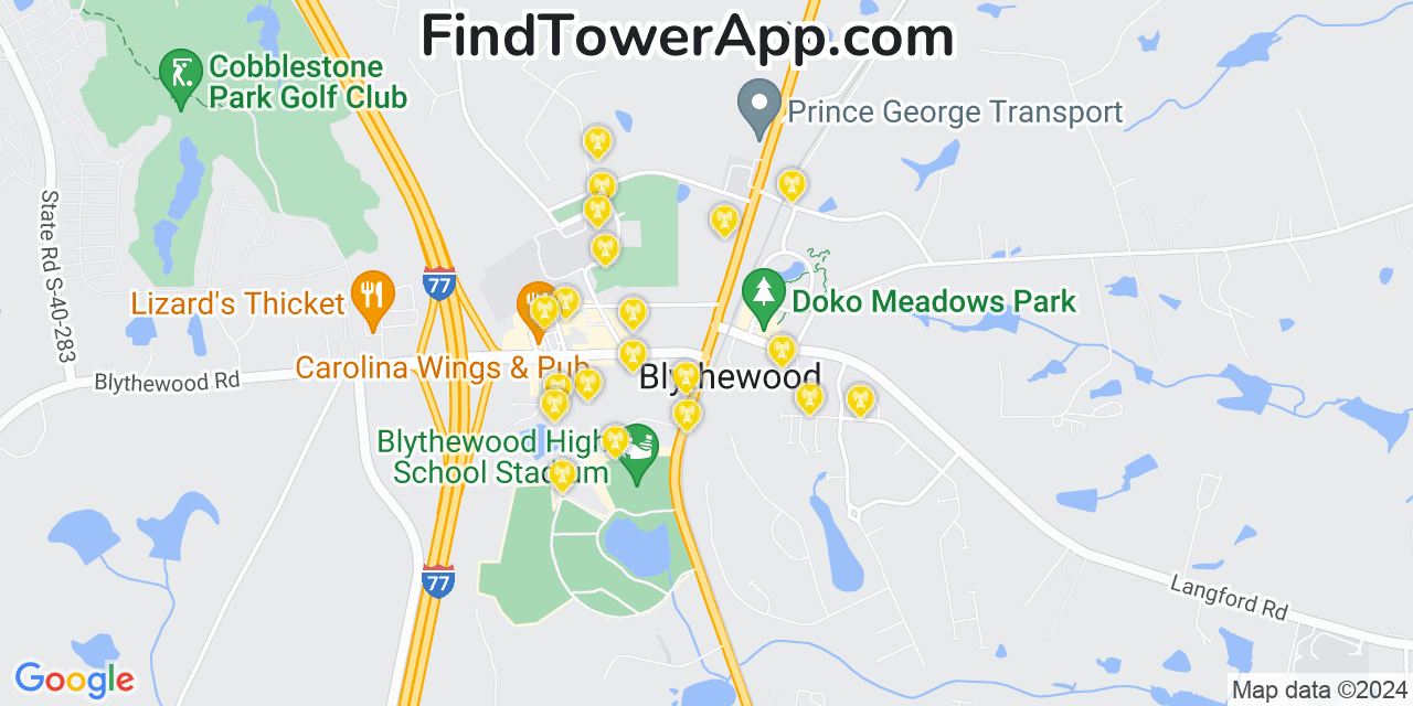 AT&T 4G/5G cell tower coverage map Blythewood, South Carolina
