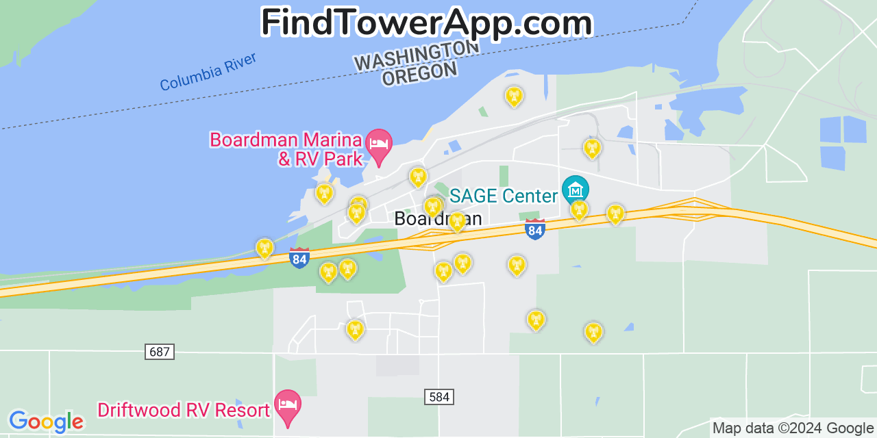AT&T 4G/5G cell tower coverage map Boardman, Oregon
