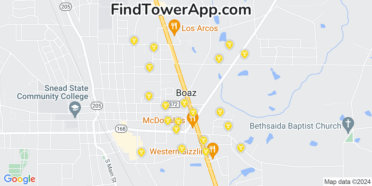 AT&T 4G/5G cell tower coverage map Boaz, Alabama