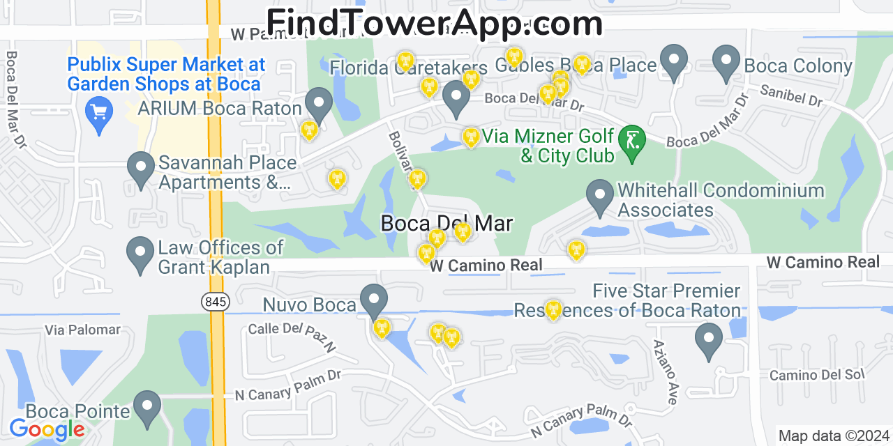 AT&T 4G/5G cell tower coverage map Boca Del Mar, Florida