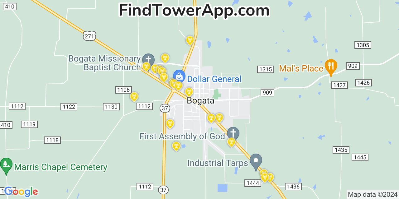 Verizon 4G/5G cell tower coverage map Bogata, Texas