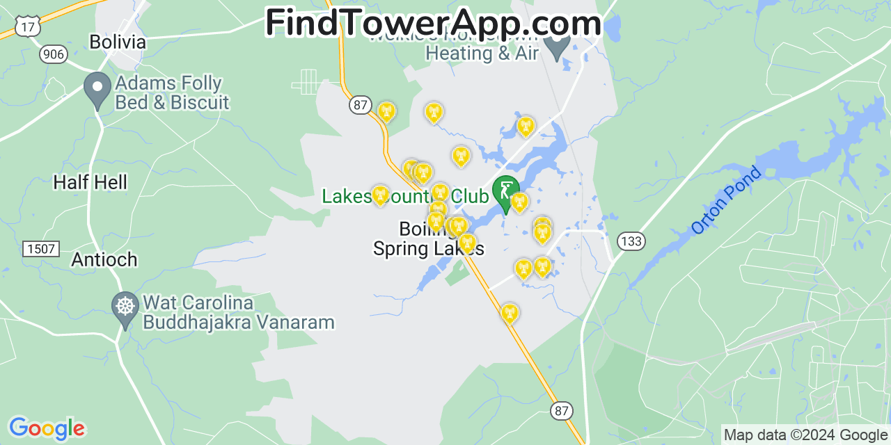 AT&T 4G/5G cell tower coverage map Boiling Spring Lakes, North Carolina