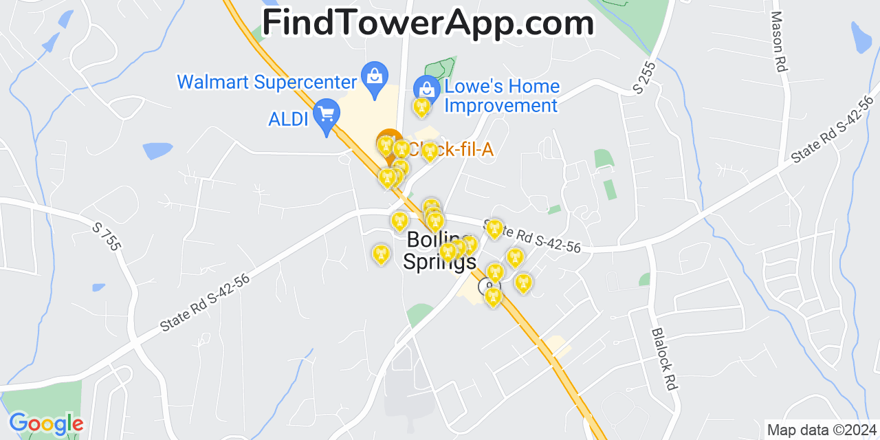 AT&T 4G/5G cell tower coverage map Boiling Springs, South Carolina