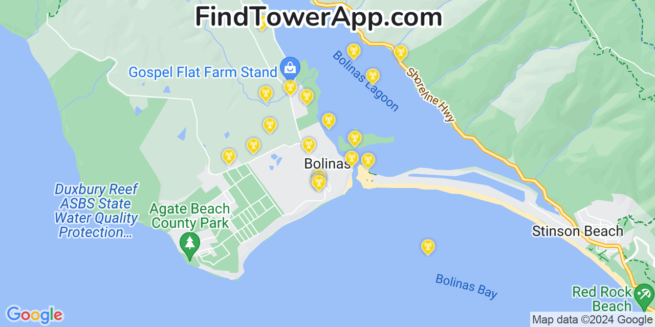 AT&T 4G/5G cell tower coverage map Bolinas, California
