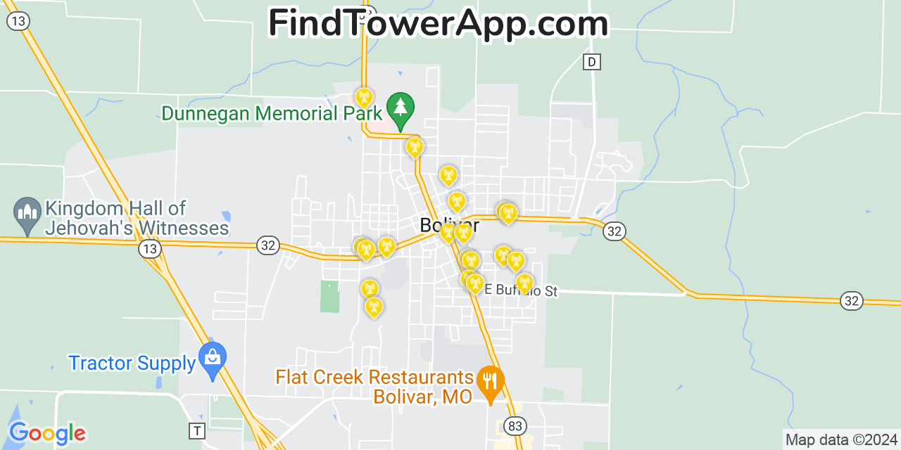 AT&T 4G/5G cell tower coverage map Bolivar, Missouri