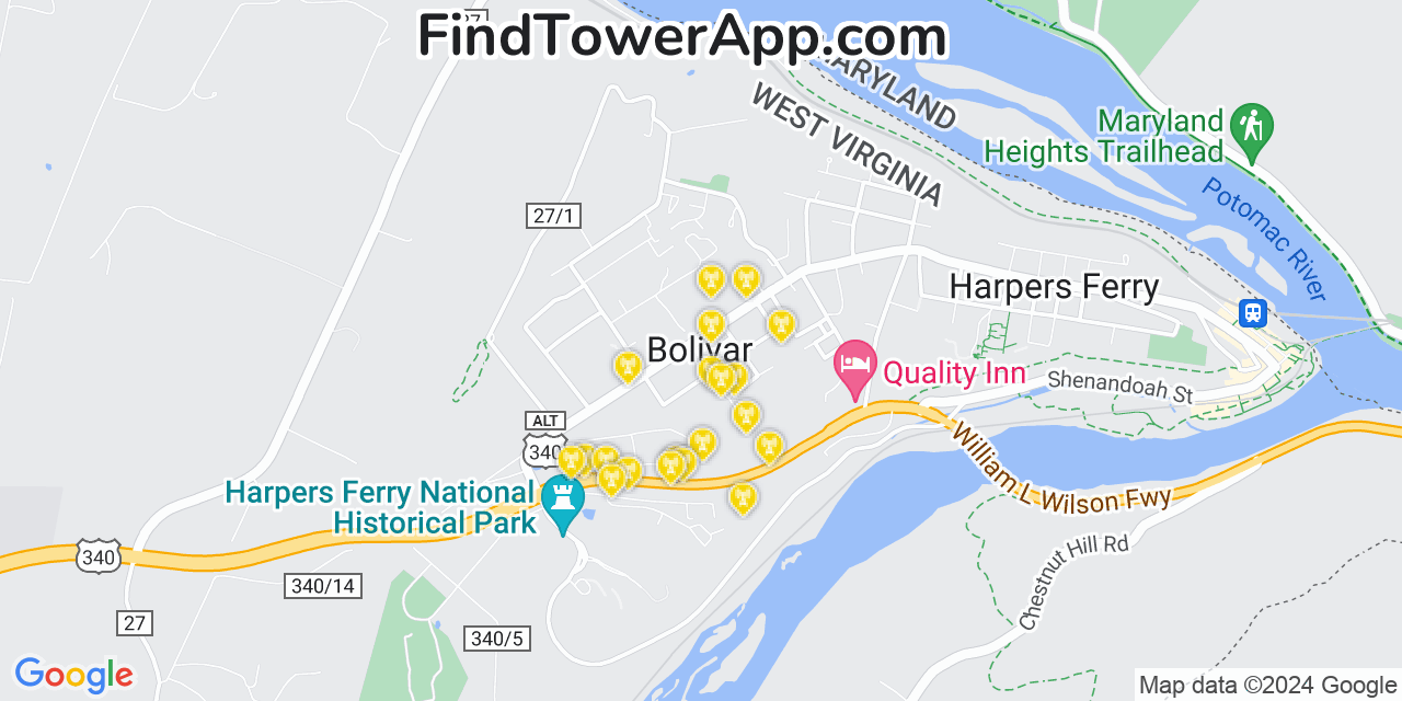 AT&T 4G/5G cell tower coverage map Bolivar, West Virginia