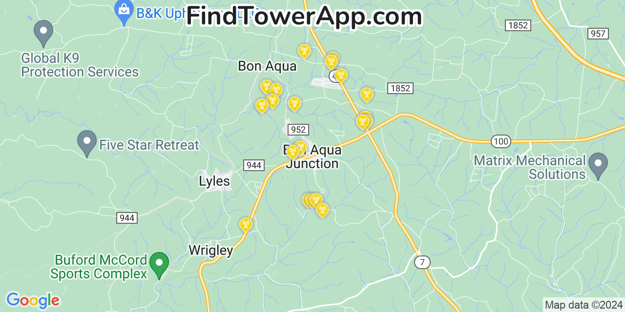 AT&T 4G/5G cell tower coverage map Bon Aqua Junction, Tennessee
