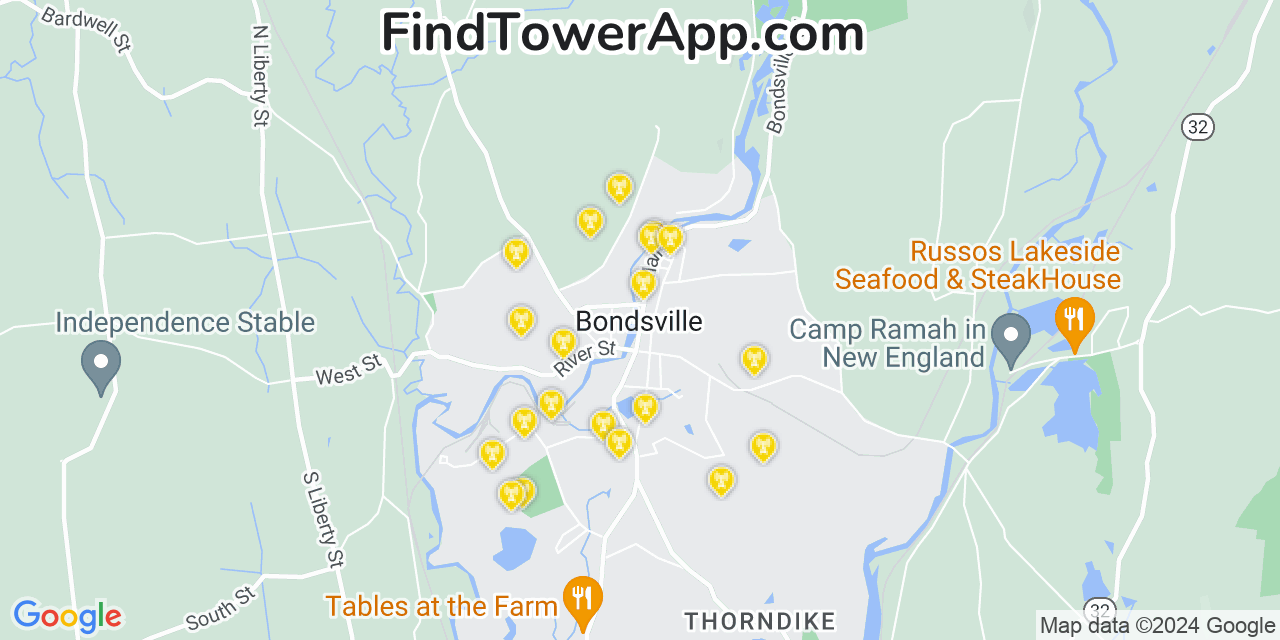 AT&T 4G/5G cell tower coverage map Bondsville, Massachusetts