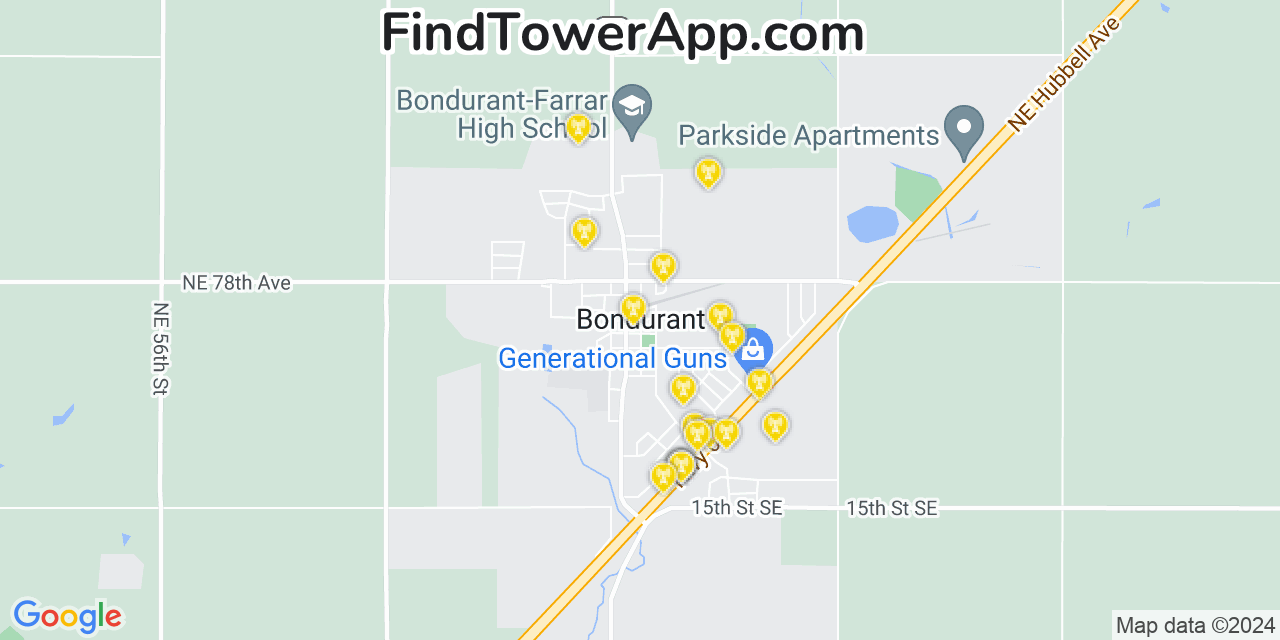 Verizon 4G/5G cell tower coverage map Bondurant, Iowa