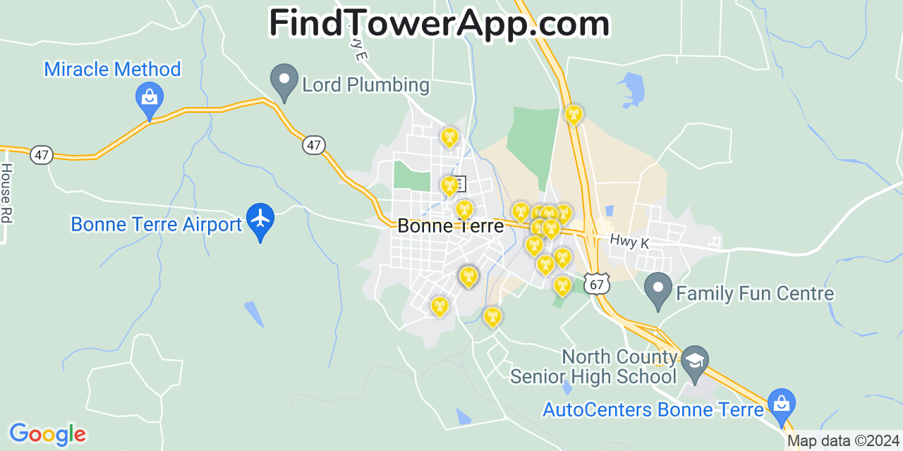 AT&T 4G/5G cell tower coverage map Bonne Terre, Missouri