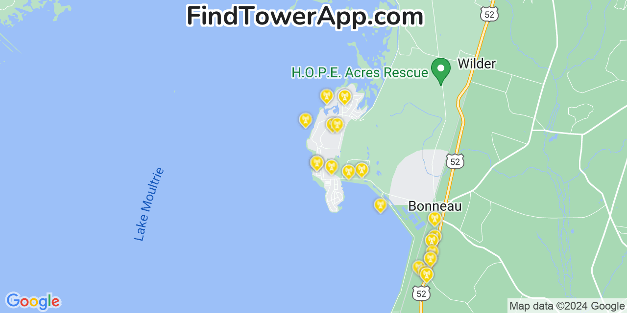 AT&T 4G/5G cell tower coverage map Bonneau Beach, South Carolina