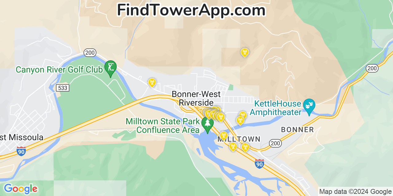 AT&T 4G/5G cell tower coverage map Bonner West Riverside, Montana