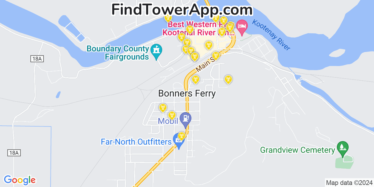 AT&T 4G/5G cell tower coverage map Bonners Ferry, Idaho