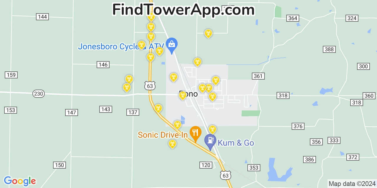 Verizon 4G/5G cell tower coverage map Bono, Arkansas