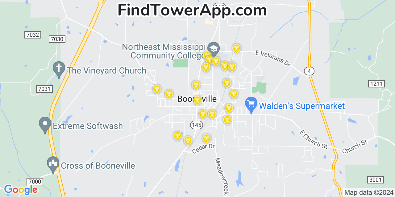 AT&T 4G/5G cell tower coverage map Booneville, Mississippi