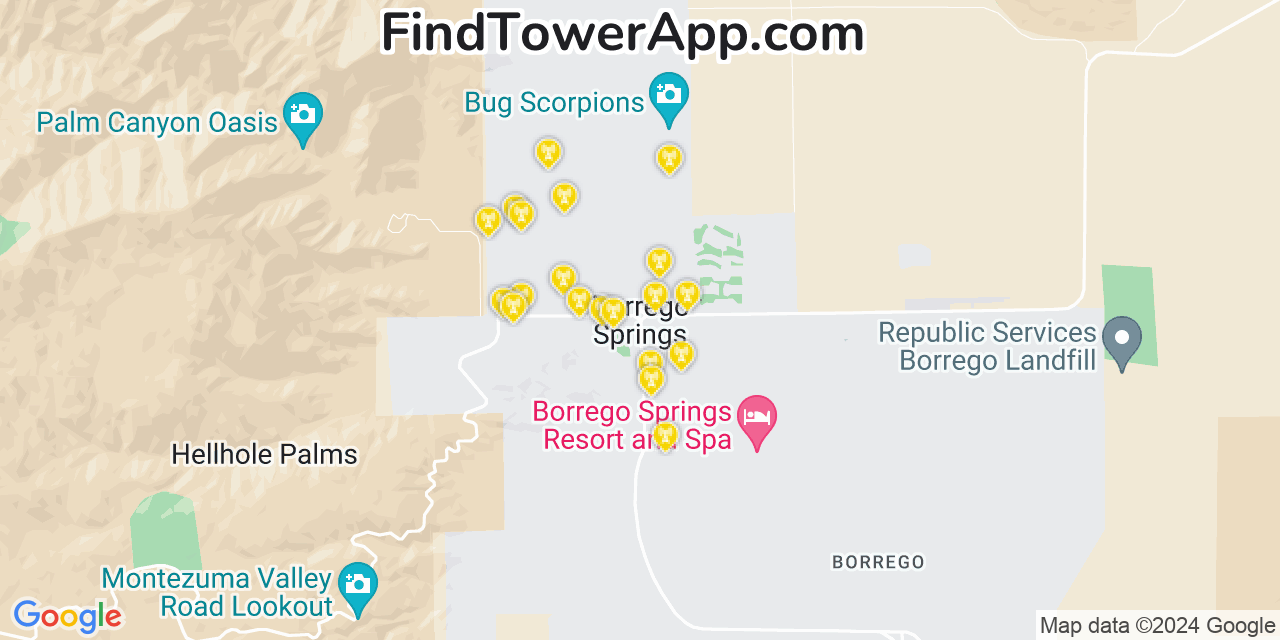Verizon 4G/5G cell tower coverage map Borrego Springs, California