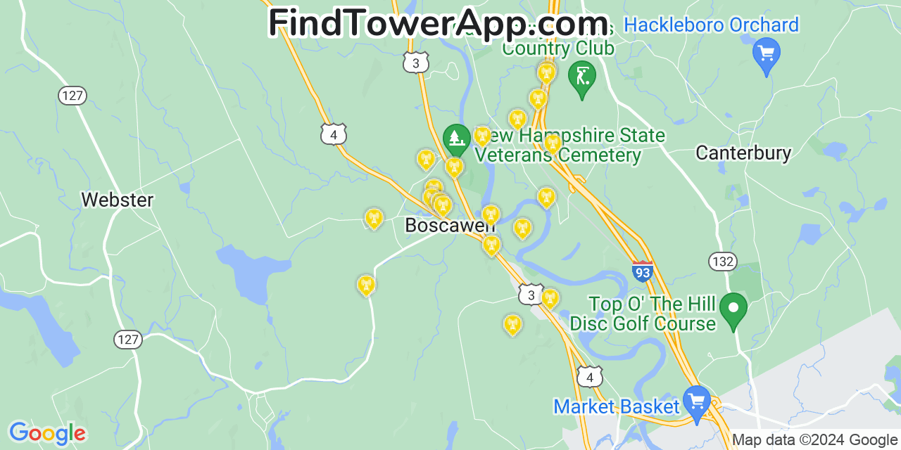 AT&T 4G/5G cell tower coverage map Boscawen, New Hampshire