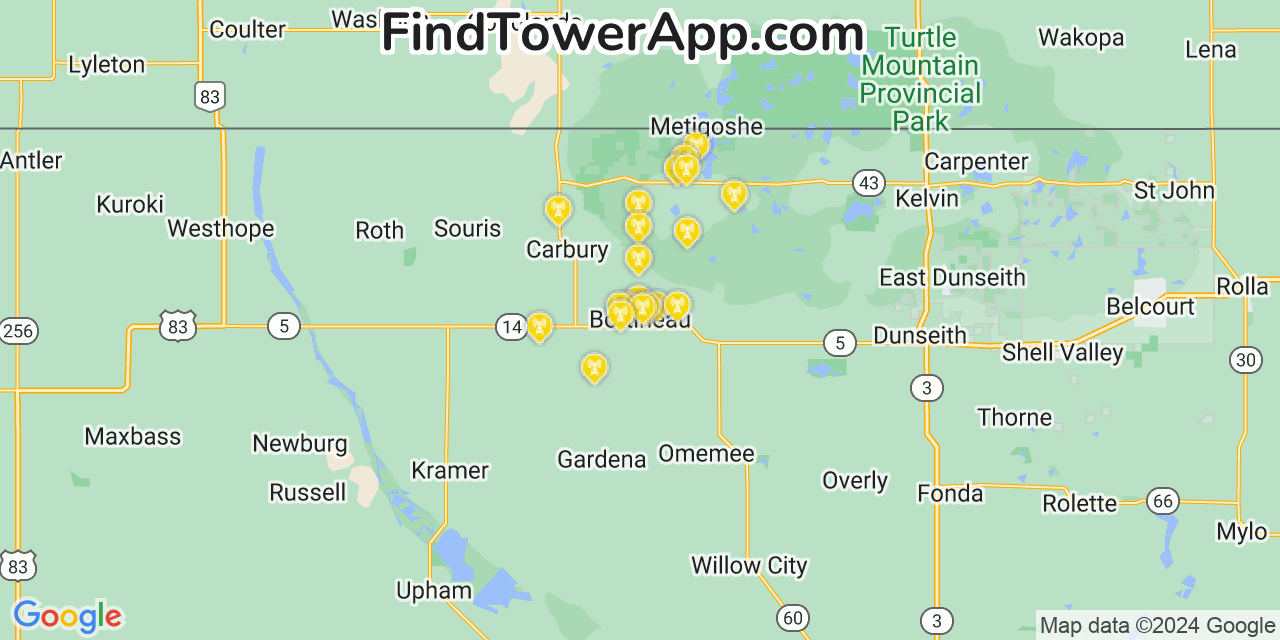 AT&T 4G/5G cell tower coverage map Bottineau, North Dakota