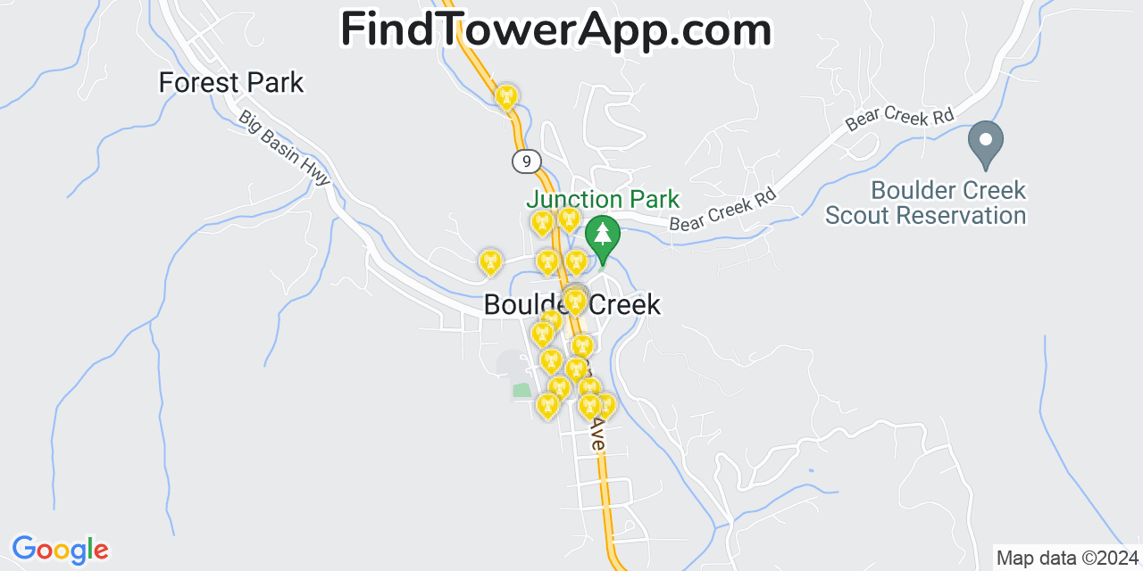 AT&T 4G/5G cell tower coverage map Boulder Creek, California