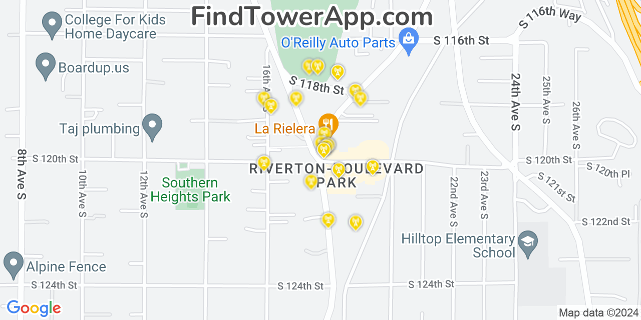 AT&T 4G/5G cell tower coverage map Boulevard Park, Washington