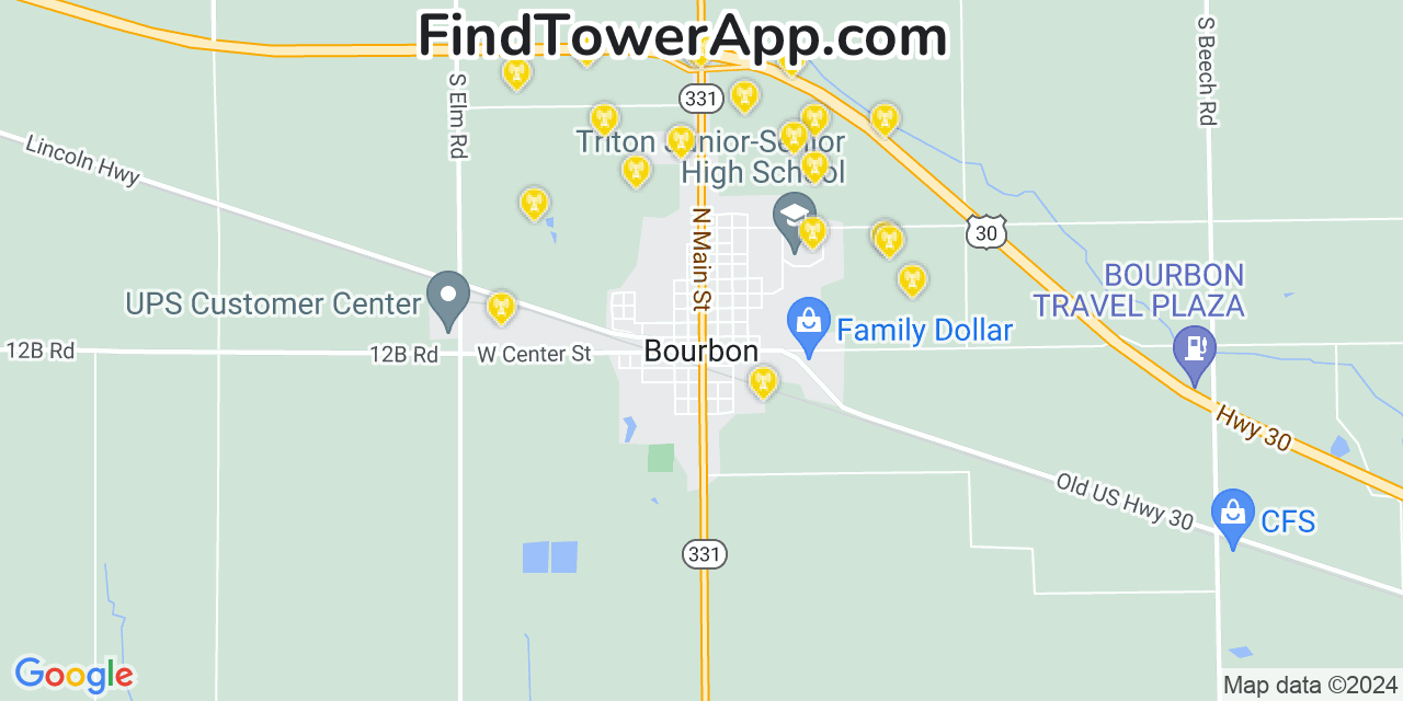 AT&T 4G/5G cell tower coverage map Bourbon, Indiana