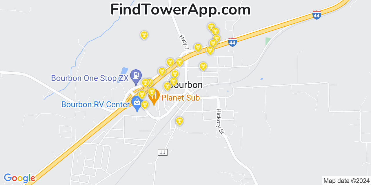 AT&T 4G/5G cell tower coverage map Bourbon, Missouri