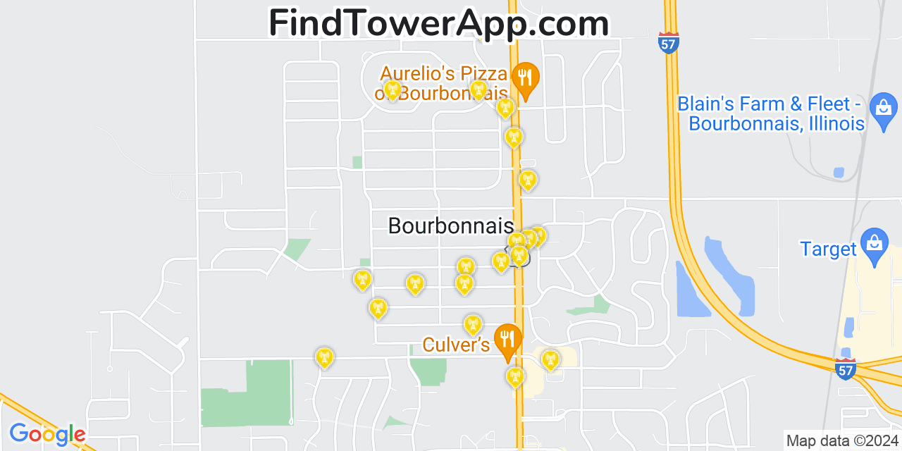 AT&T 4G/5G cell tower coverage map Bourbonnais, Illinois