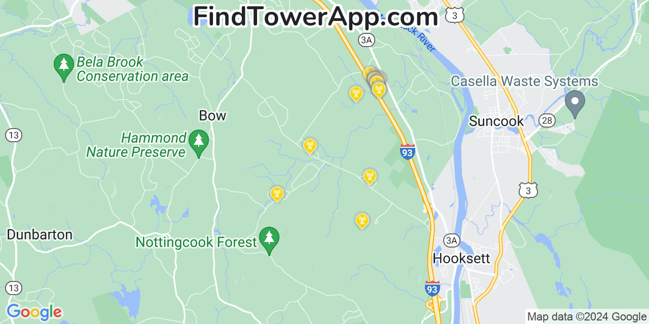 AT&T 4G/5G cell tower coverage map Bow Bog, New Hampshire