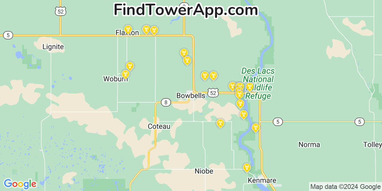 AT&T 4G/5G cell tower coverage map Bowbells, North Dakota