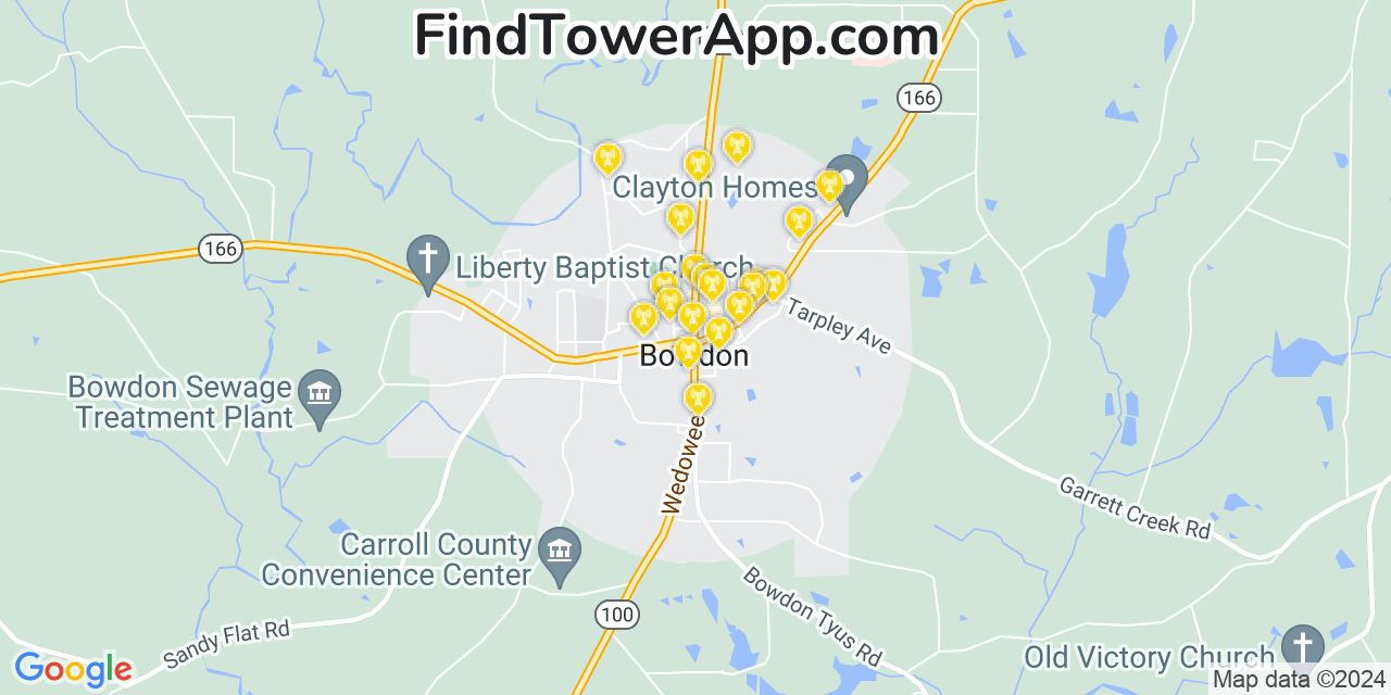 AT&T 4G/5G cell tower coverage map Bowdon, Georgia