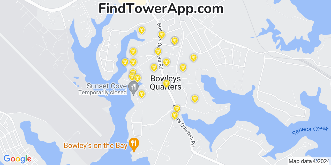 AT&T 4G/5G cell tower coverage map Bowleys Quarters, Maryland