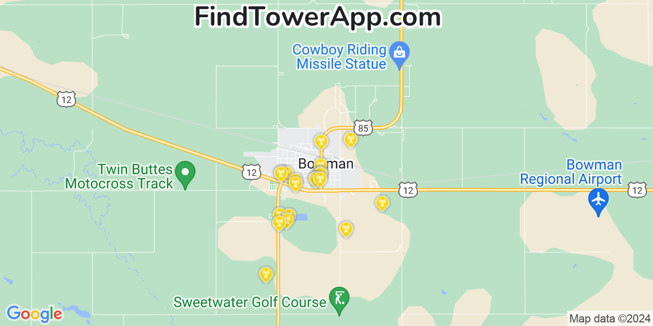 AT&T 4G/5G cell tower coverage map Bowman, North Dakota