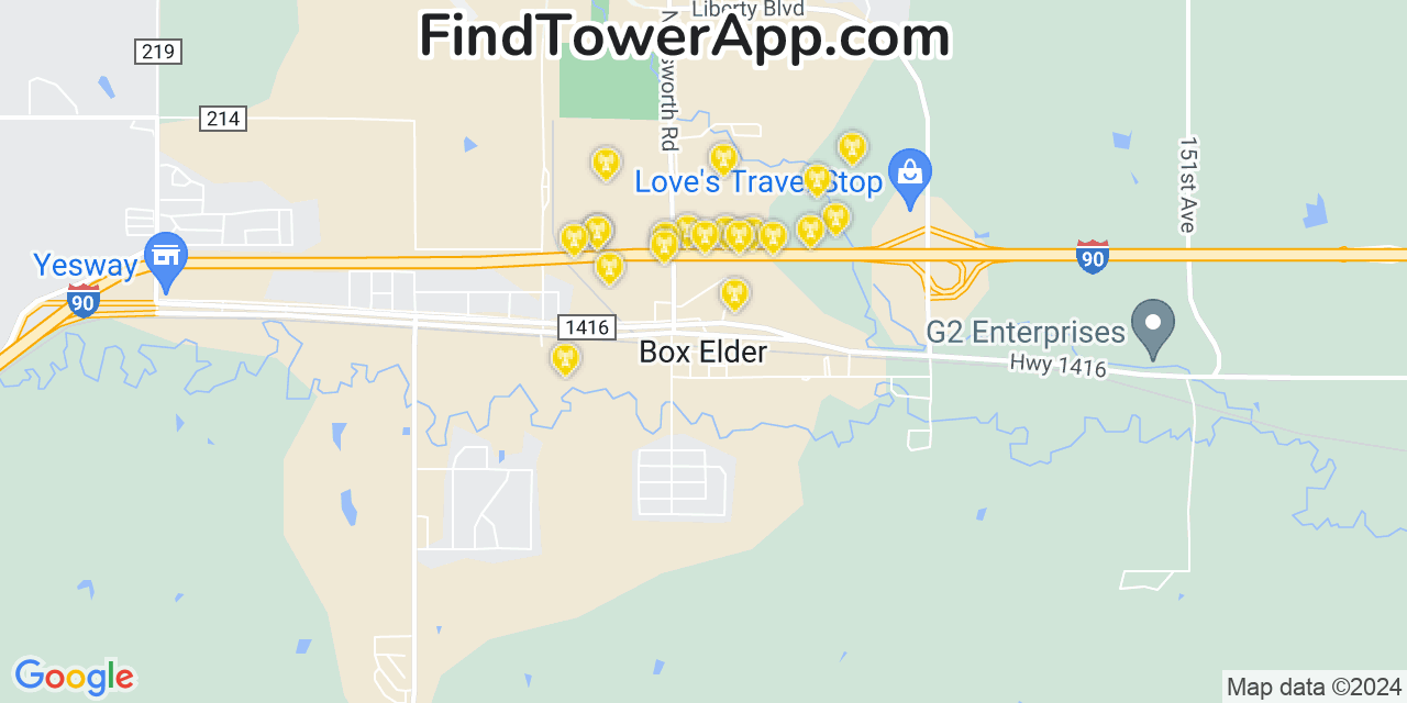 AT&T 4G/5G cell tower coverage map Box Elder, South Dakota