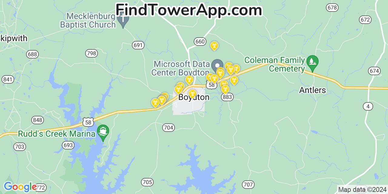 AT&T 4G/5G cell tower coverage map Boydton, Virginia