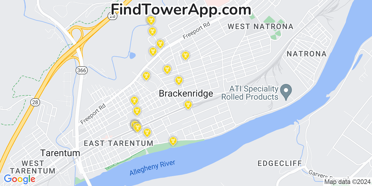 AT&T 4G/5G cell tower coverage map Brackenridge, Pennsylvania