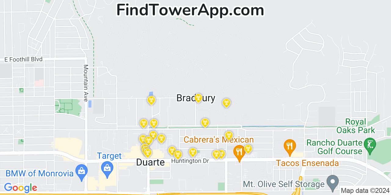 AT&T 4G/5G cell tower coverage map Bradbury, California