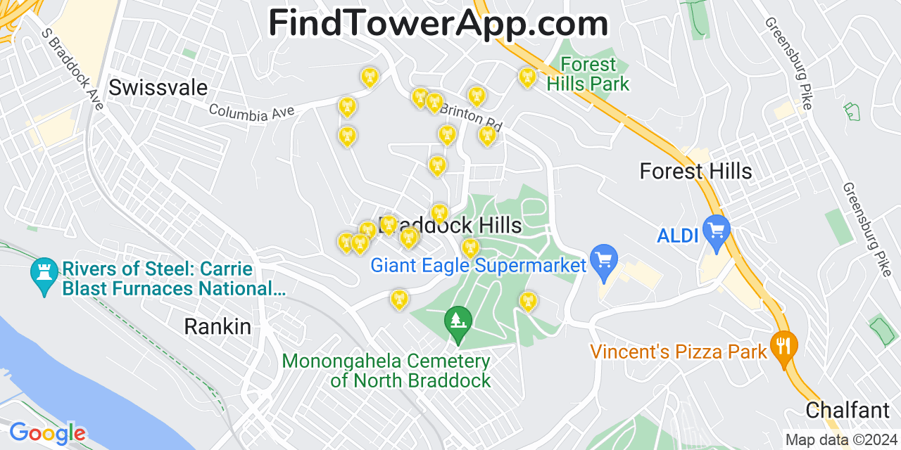 AT&T 4G/5G cell tower coverage map Braddock Hills, Pennsylvania