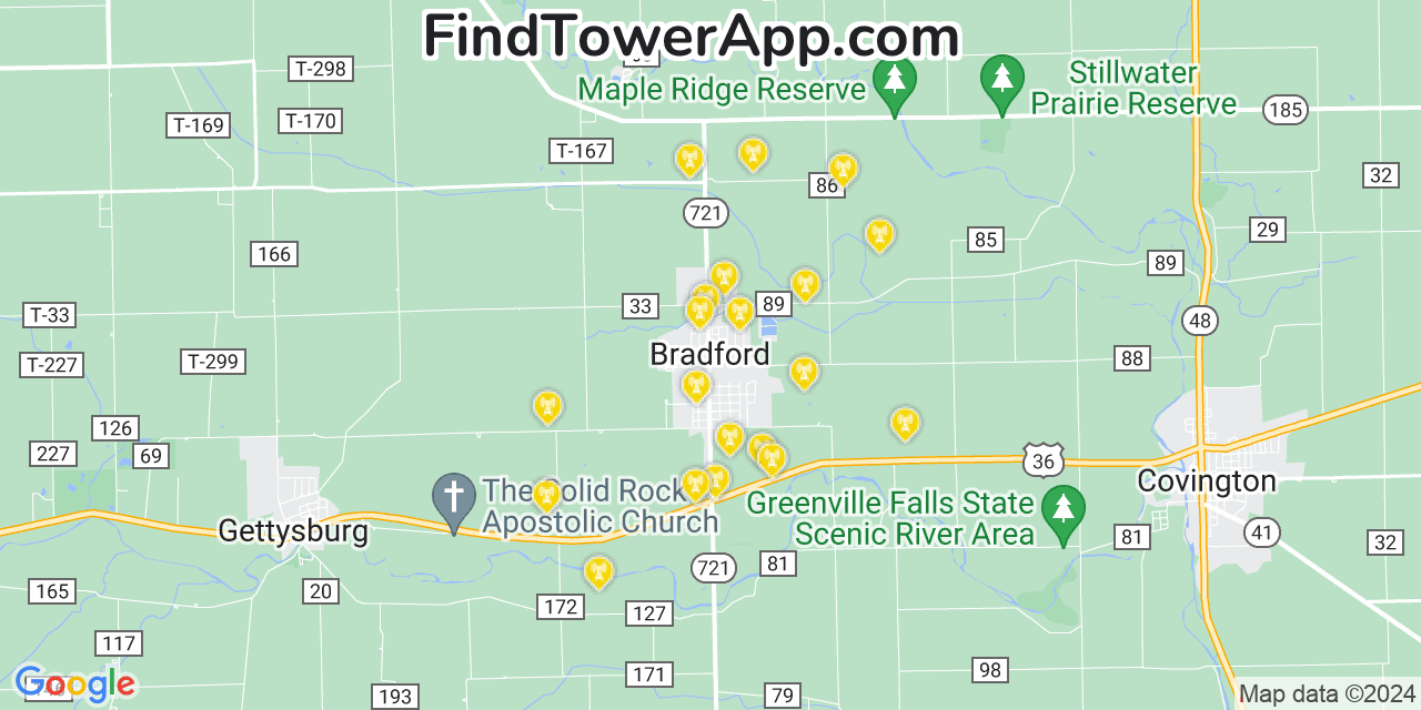 AT&T 4G/5G cell tower coverage map Bradford, Ohio