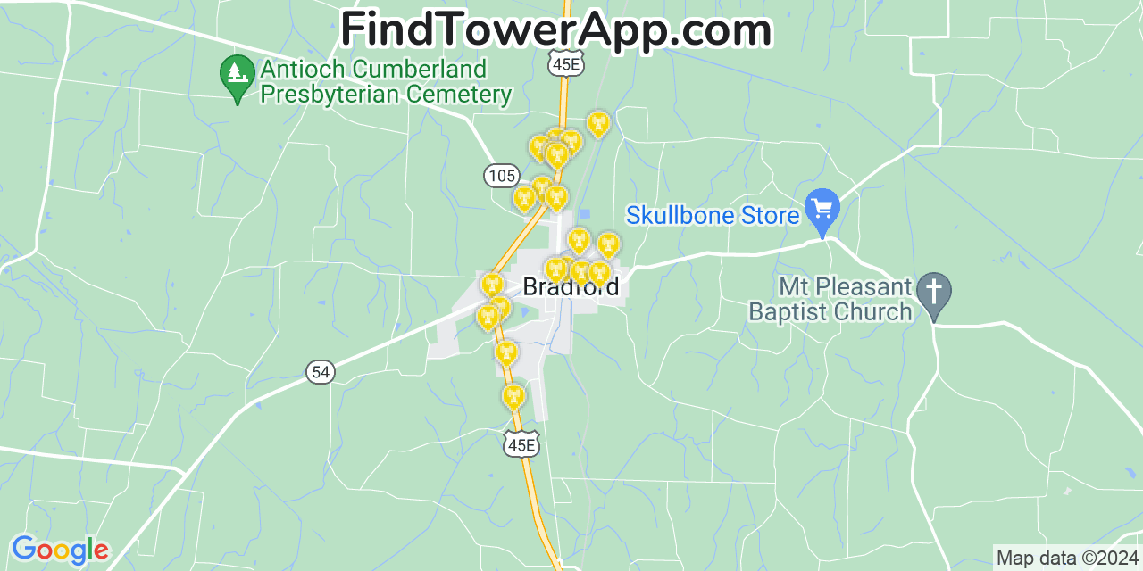 Verizon 4G/5G cell tower coverage map Bradford, Tennessee