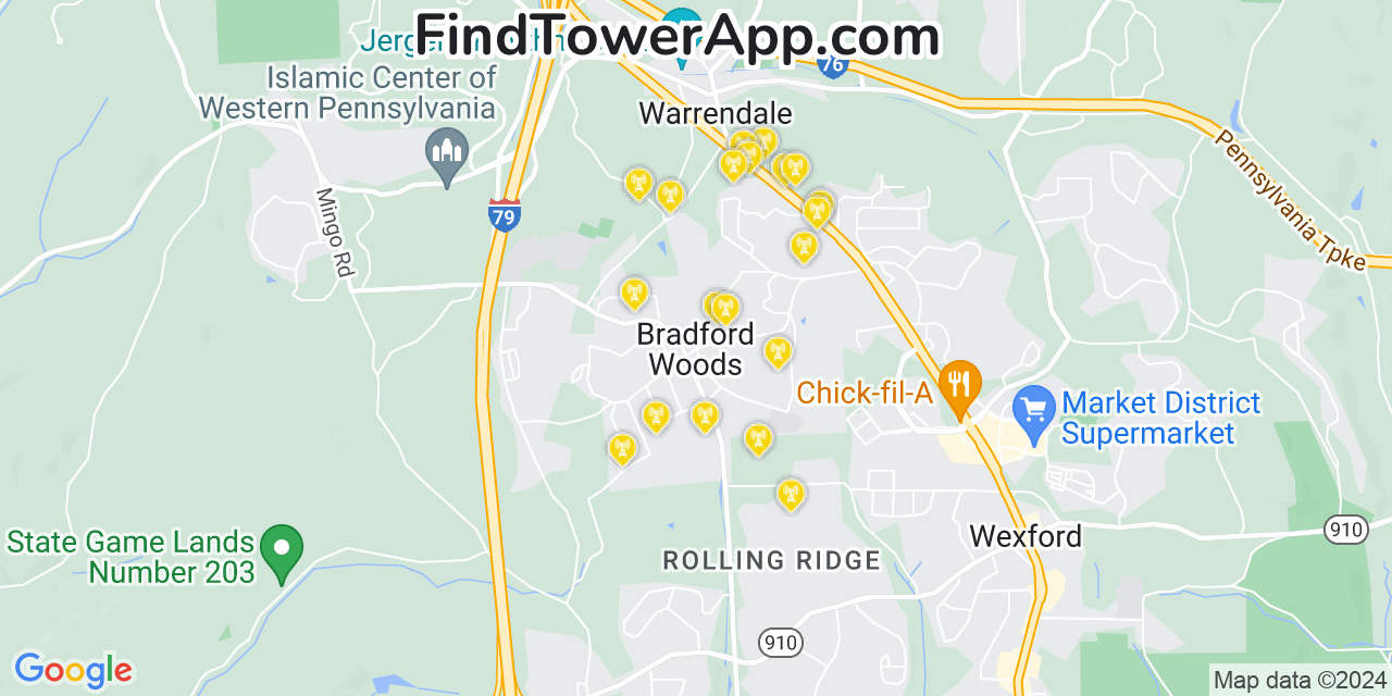 AT&T 4G/5G cell tower coverage map Bradford Woods, Pennsylvania