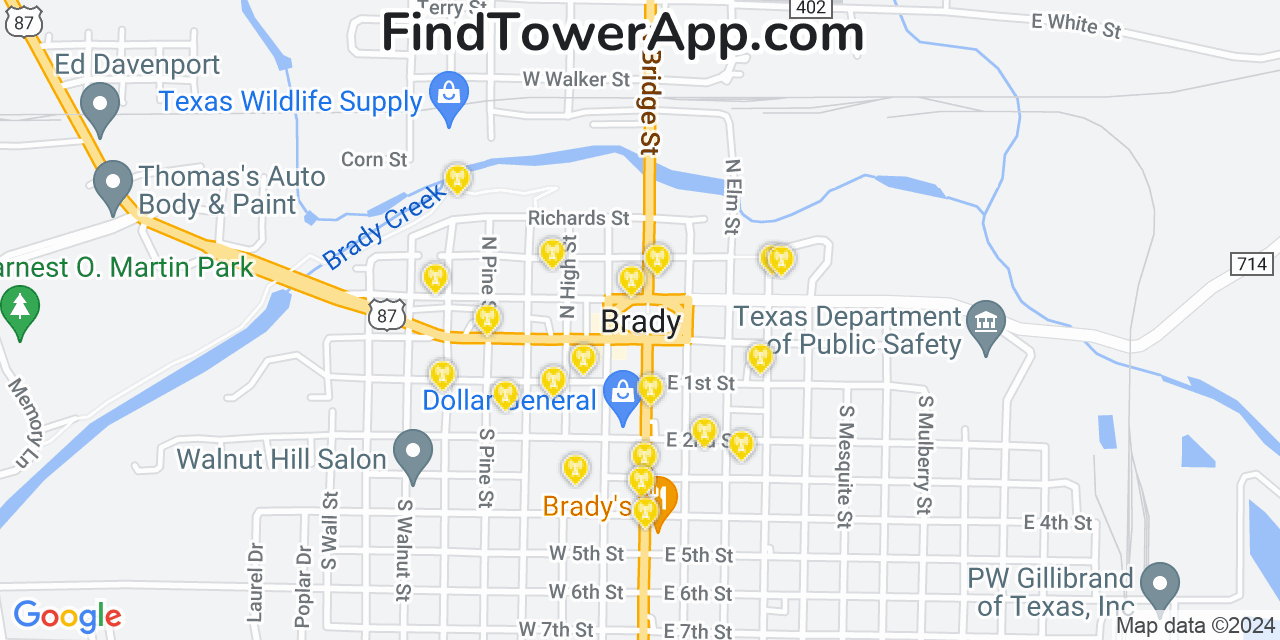 Verizon 4G/5G cell tower coverage map Brady, Texas