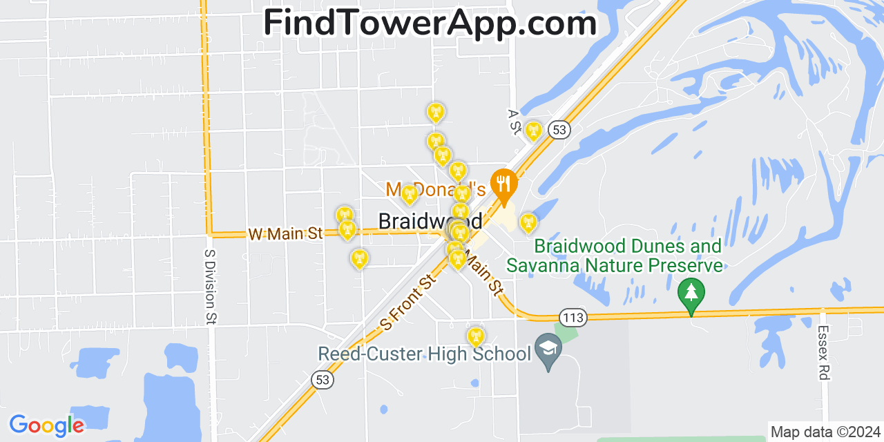 AT&T 4G/5G cell tower coverage map Braidwood, Illinois