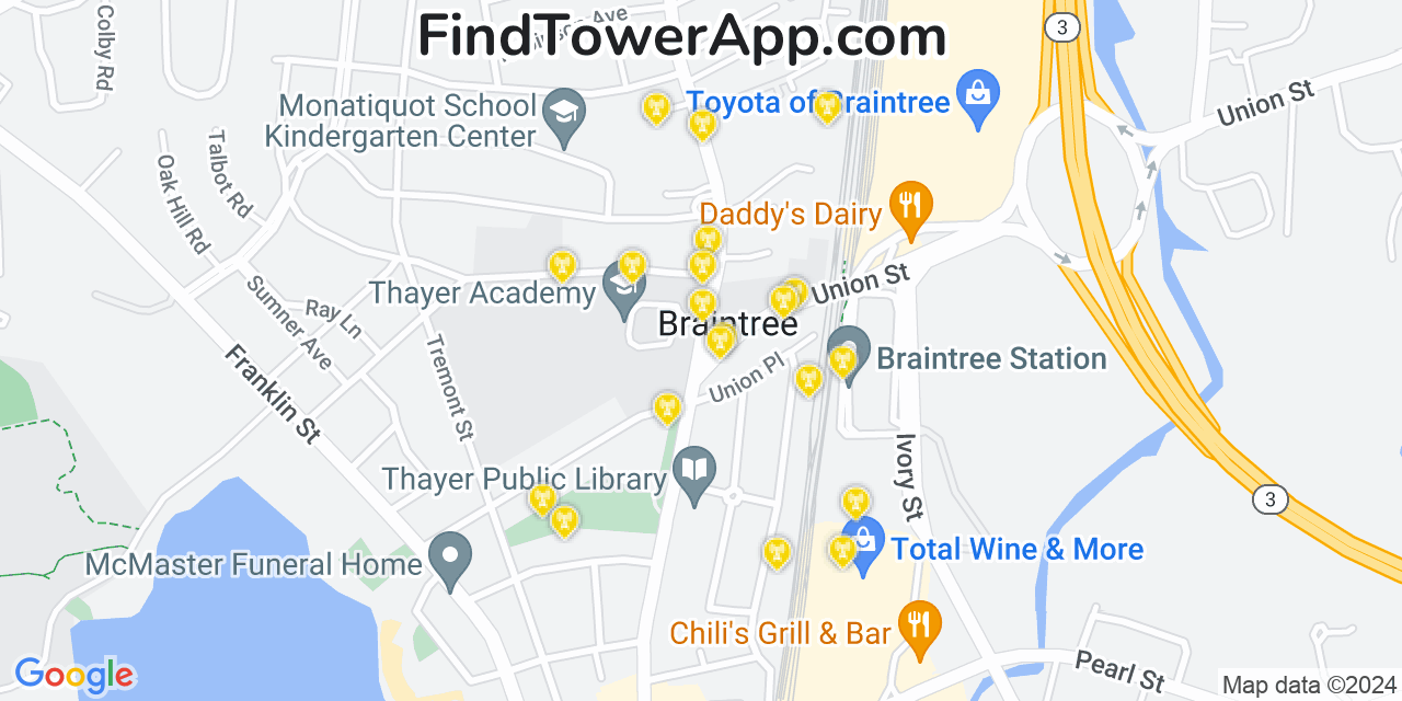 AT&T 4G/5G cell tower coverage map Braintree, Massachusetts