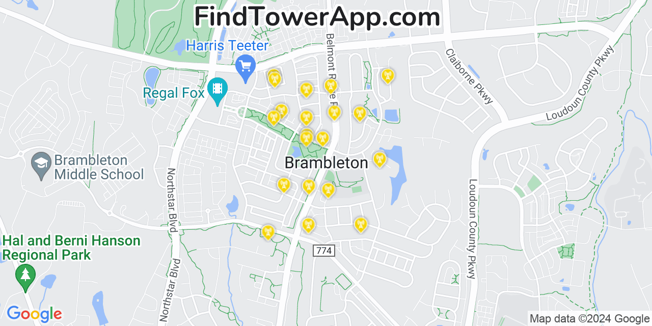 AT&T 4G/5G cell tower coverage map Brambleton, Virginia