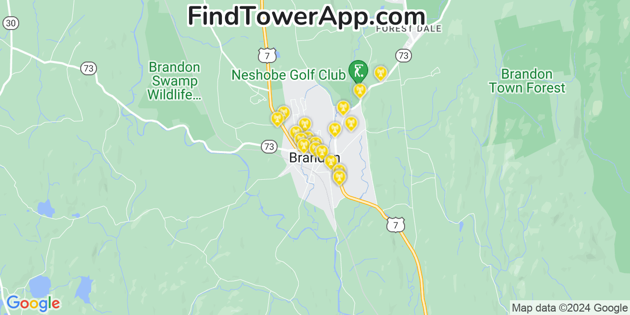 AT&T 4G/5G cell tower coverage map Brandon, Vermont