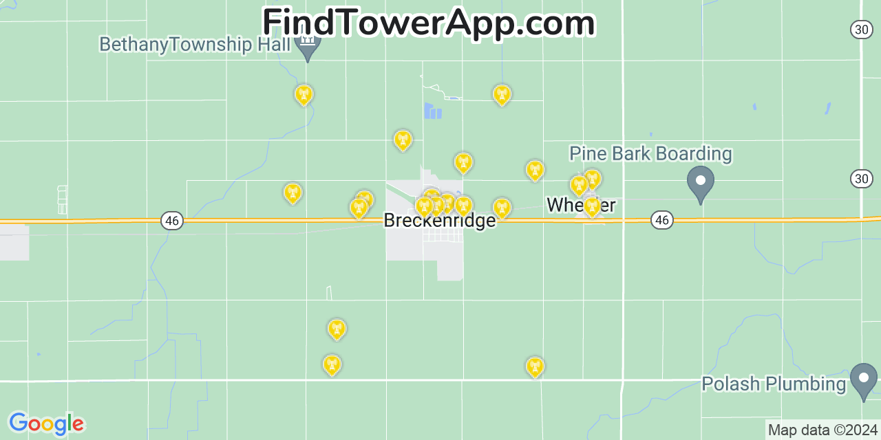 AT&T 4G/5G cell tower coverage map Breckenridge, Michigan