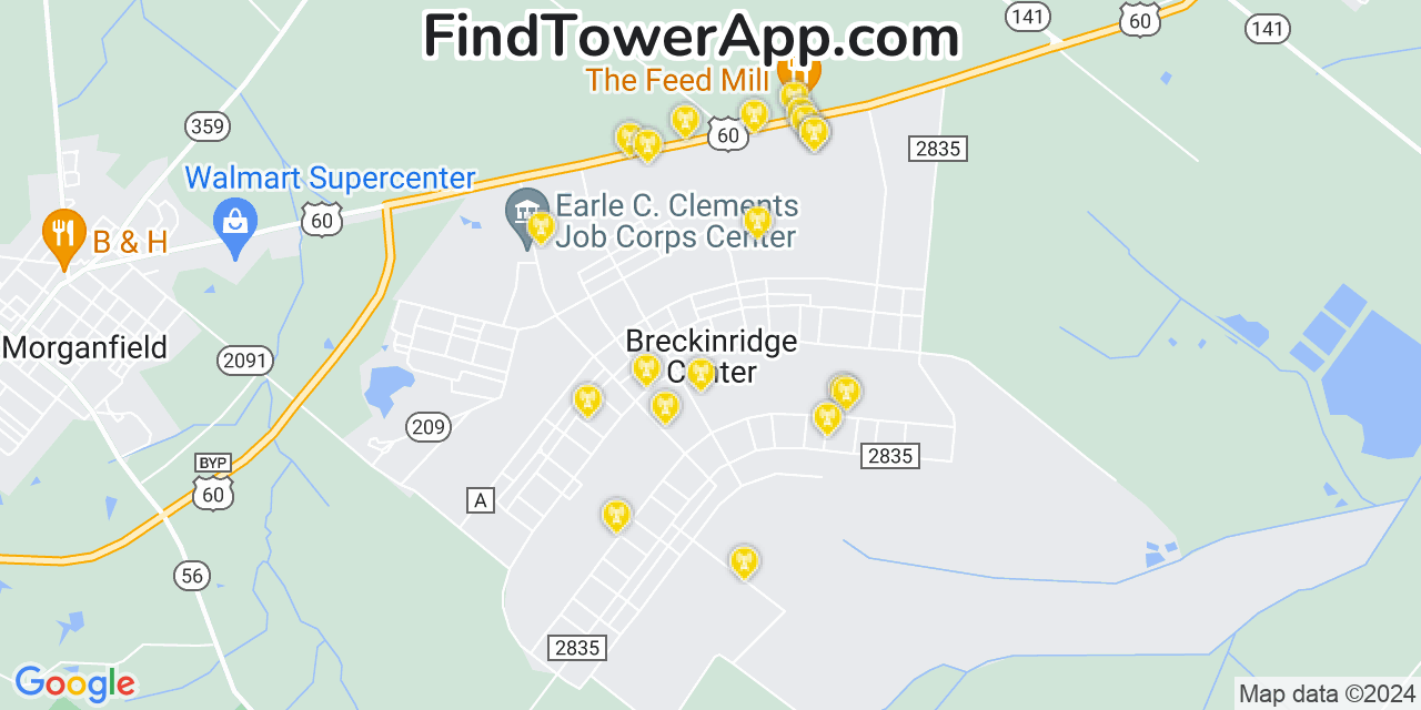 AT&T 4G/5G cell tower coverage map Breckinridge Center, Kentucky
