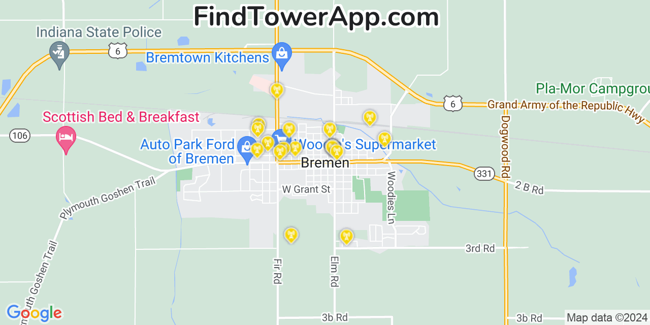 AT&T 4G/5G cell tower coverage map Bremen, Indiana
